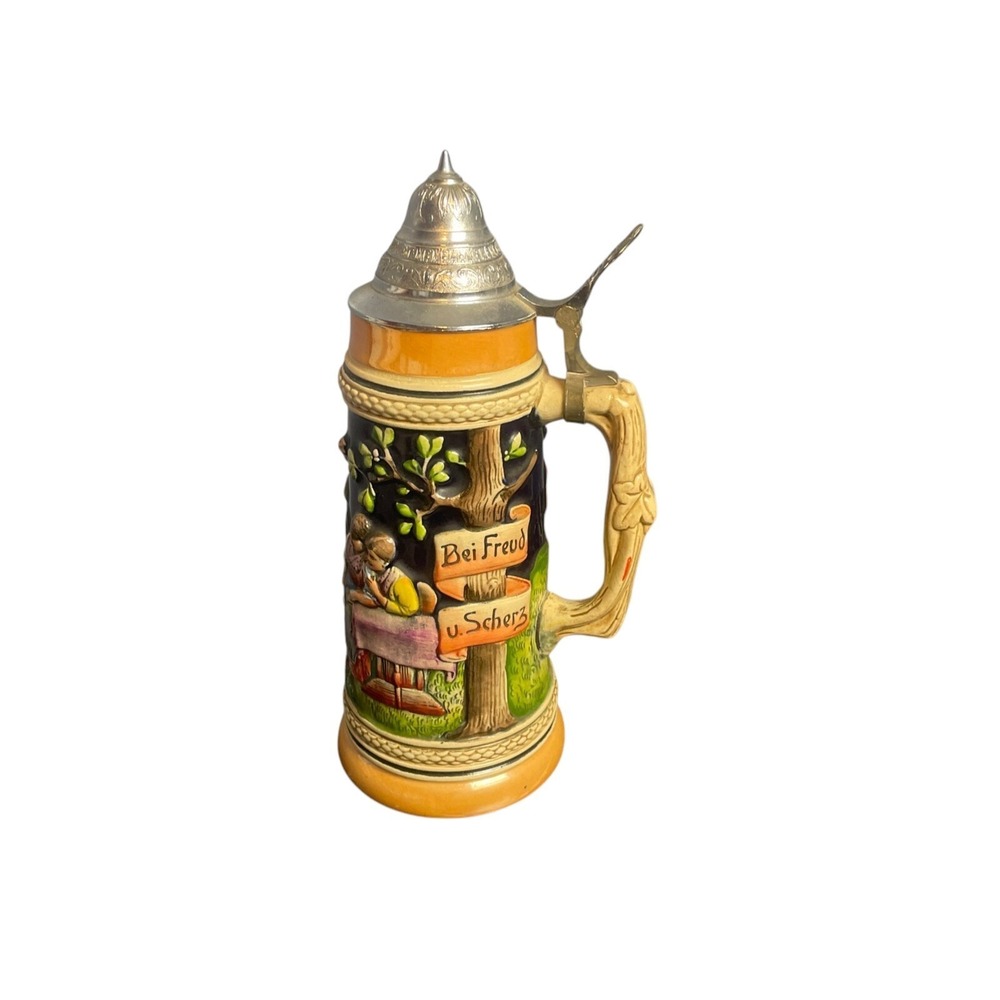 Vintage 11" German Beer Stein Lidded Ceramic Mug Breweriana Germany